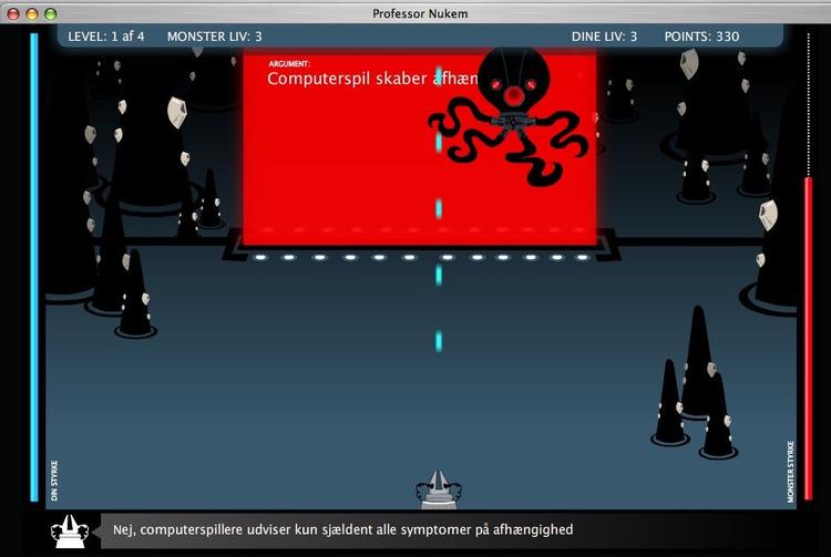 I webspillet 'Professor Nukem' skal man som det lille rumskib for neden skyde blæksprutter ned med de rigtige svar. Bagefter får man forklaringer, og på den vis er spilforskning spilbar. 