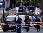 En bombesprængt dobbeltdækkerbus på Russell Square i London få timer efter attentatet 7. juli 2005 