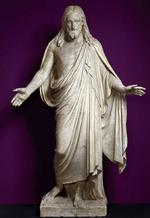 FAVNENDE. At den ufromme Thorvaldsen også havde et mellemværende med den kristne motivverden, står hvidt mod violet i den aktuelle udstilling. Mens Kristus-figuren i Vor Frue Kirke er 3,5 meter høj, er denne her - for enden af udstillingen - mere menneskelig i sine dimensioner. 