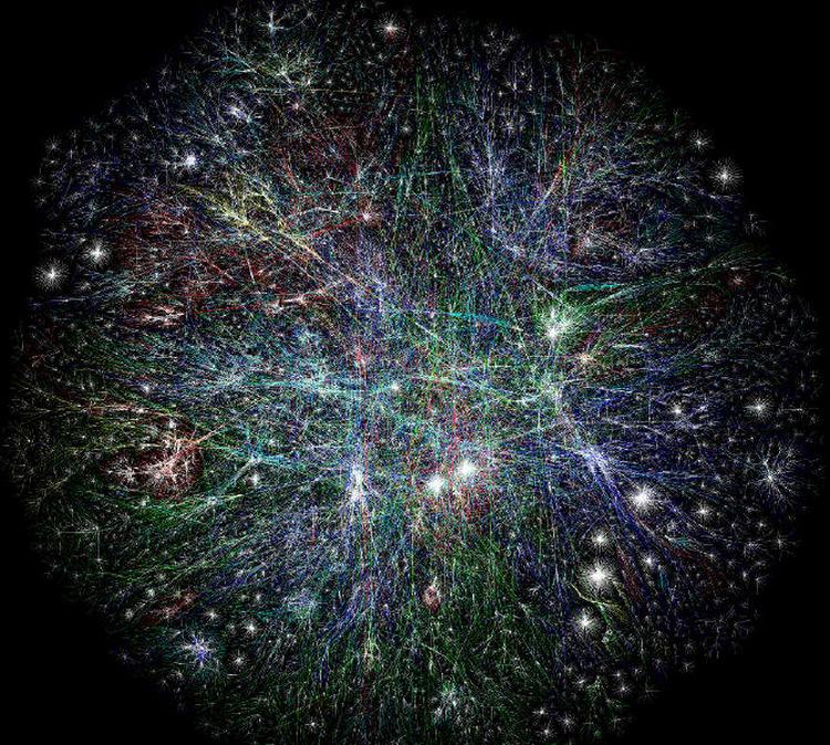 Kontakt. Forsidebilledet på Tor Nørretranders bog Civilisation 2.0 - viser internettet, som det tog sig ud, da det blev kortlagt 23. november 2003. Kortet viser over fem millioner forbindelser, farvet efter hvor i verden, de når hen: Asien er rødt, Europa er grønt, Nordamerika er blåt og ukendte er hvide. Kortet er lavet af Barrett Lyon, The Opte Project. Se mere på opte.org/maps. Foto af omslaget 