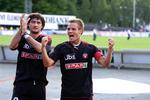 FC Midtjyllands målscorer Kristian Bak (t.h.) jubler over sejren sammen med Sergei Dadu (t.v.).efter søndagens SAS-liga kamp mellem Vejle og FC Midtjylland i Vejle. 