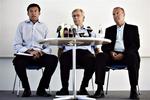 DBU var repræsenteret ved kommunikationschef Lars Berendt, generalsekretær Jim Stjerne Hansen og formand Allan Hansen ved dagens pressemøde i Brøndby. 