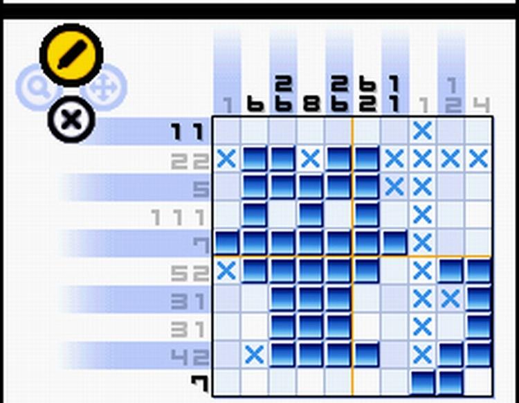 Gåderne i ’Picross DS’ svinger fra simple 5 x 5-regneark til 15 x 15 eller større, hvor man skal zoome ind og ud for at få overblikket. 