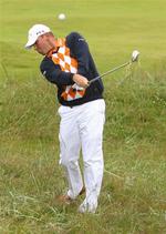 Thomas Bjørn i aktion på andet hul under tredje runde af British Open. 
