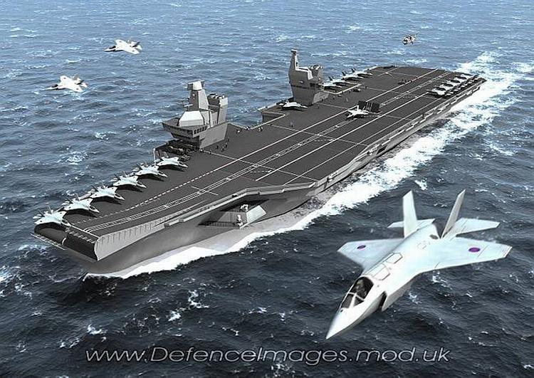 Dette er et computerskabt billede af hvordan fremtidens britiske hangarskib kommer til at se ud. Der bliver plads til 36 F-35 jagerfly,når skibene er færdige i 2016 