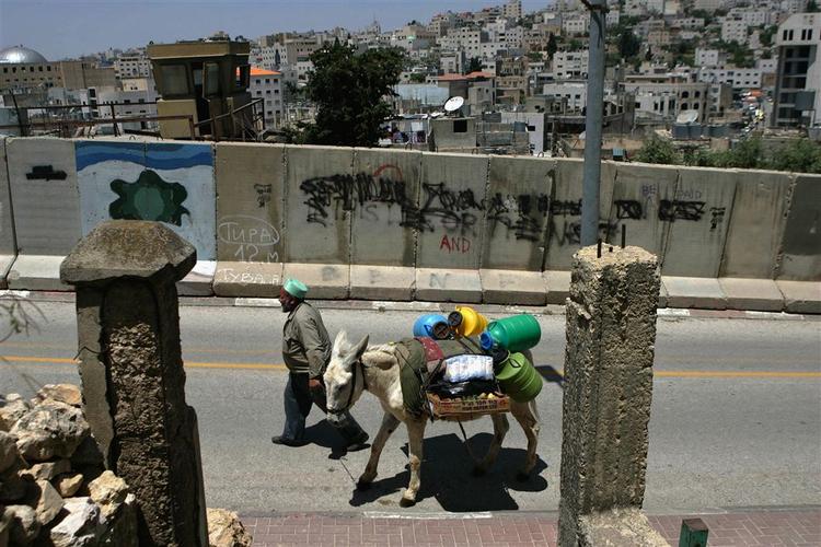 En palæstinenser trækker sit æsel igennem den israelsk styrede del af Hebron. 