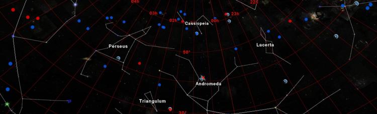 Et udsnit af stjernmehimlen med blandt andet Cassiopeia og Andromeda. 