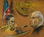 Tegning fra retslokalet under en af de høringer, hvor udleveringen af Manuel Noriega har været behandlet. 