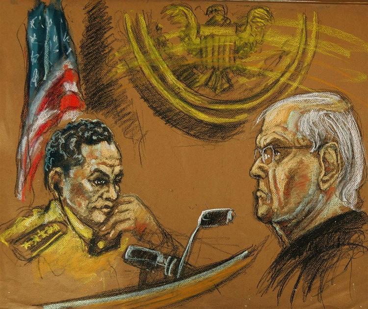Tegning fra retslokalet under en af de høringer, hvor udleveringen af Manuel Noriega har været behandlet. 