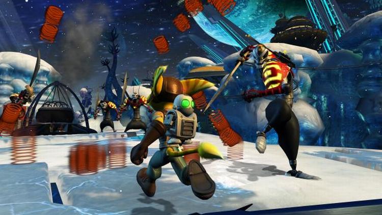 Ratchet &amp; Clank i noget, der ligner ren spil-selv-tegnefilm i  'Tools of Destruction'. 