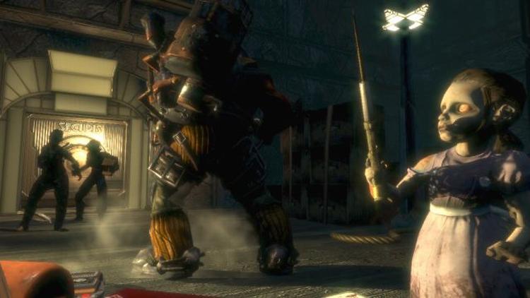 I 'Bioshock' er man konstant på jagt efter tre ting: Adam, Eve og dollar. Adam giver nye superevner, men man får det kun ved at fange spillets Little Sisters (pigen t.h.). Eve er et nødvendigt serum til at udnytte kræfterne, mens dollar kan købe ammunition eller mere helbred. 