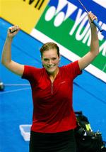 Tine Rasmussen jubler, efter hun har sikret sig sejren i semifinalen i Japan Open. Nu har hun vundet turneringen. 