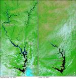 To satellitbilleder fra NASA viser det meste af Ghana og hvor meget floder er svulmet. Billedet til højre er fra juni, og det til venstre fra denne måned. 