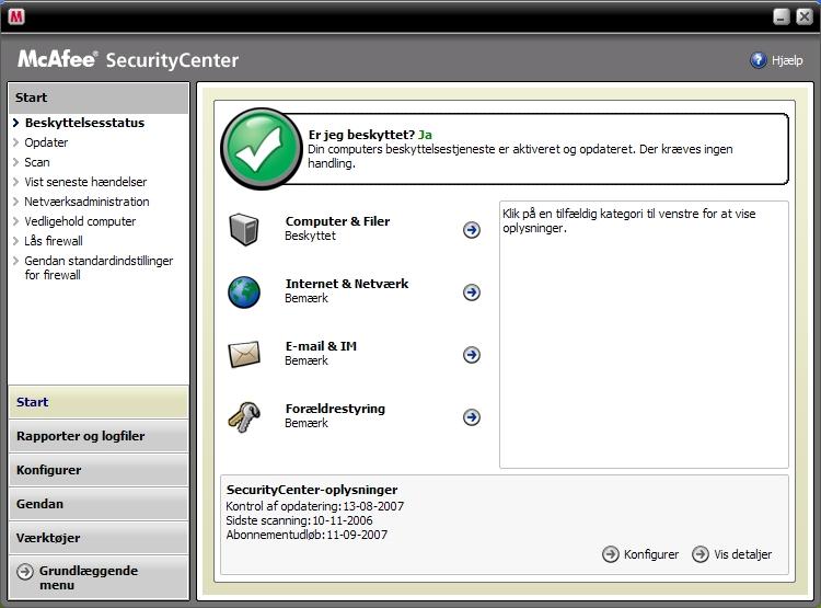 Det mest avancerede antivirusprodukt i testen af McAfee, som til gengæld ikke kan anbefales begyndere. 