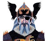 Mere dreven end dødelige. Gudernes konge med Hugin og Munin på hjelmen og Sleipner på brystet. Illustration fra ’Gudernes gang på Jorden’ 