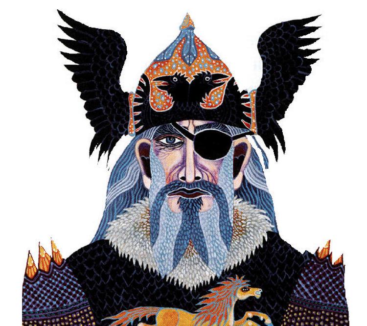 Mere dreven end dødelige. Gudernes konge med Hugin og Munin på hjelmen og Sleipner på brystet. Illustration fra ’Gudernes gang på Jorden’ 