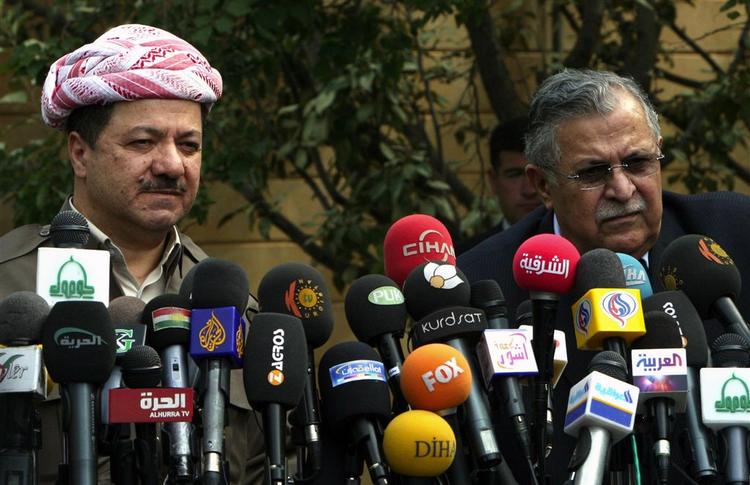 Iraks præsident, Jalal Talabani, under den fælles pressekonference med den kurdiske leder Massoud Barzani. 