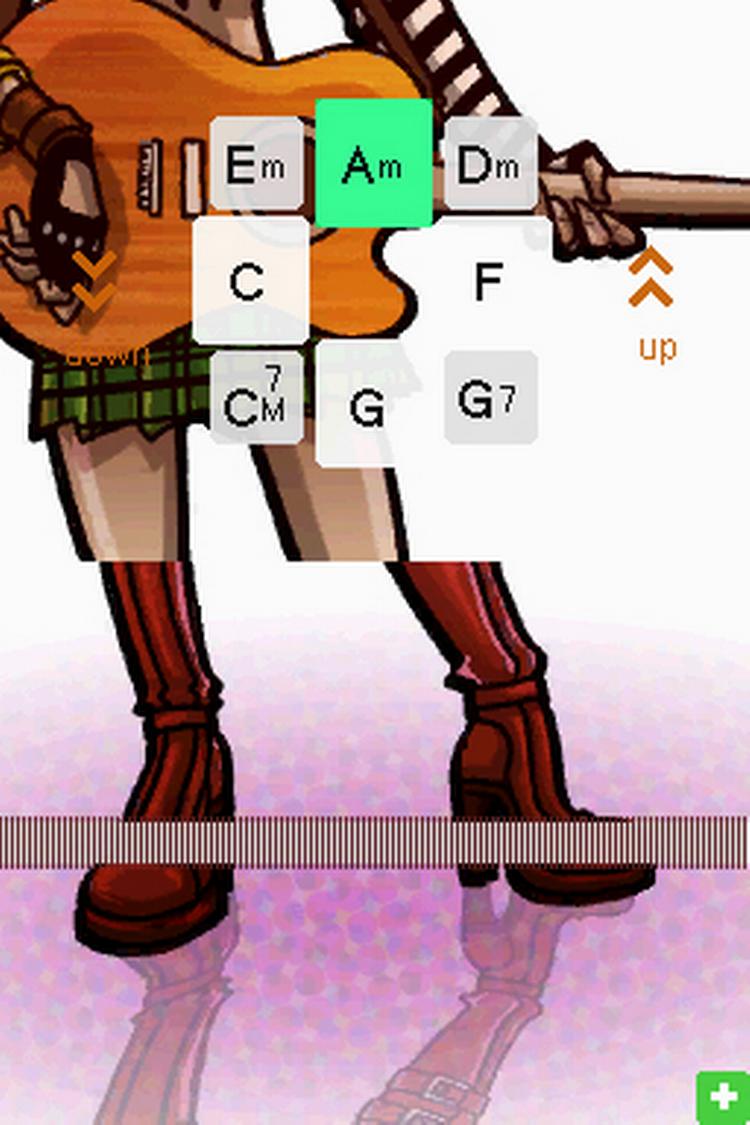 Med styrekrydset på Nintendo DS bestemmes tonen, mens brugen af skulderknapperne samt den kraft, man bruger til at køre pegepinden hen over skærmen, bestemmer, hvordan man klimprer på guitarstrengen og dermed bestemmer lydens styrke. 