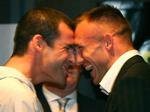 Joe Calzaghe og Mikkel Kessler var i glimrende humør, da det mødtes ved dagens pressemøde i Cardiff. 