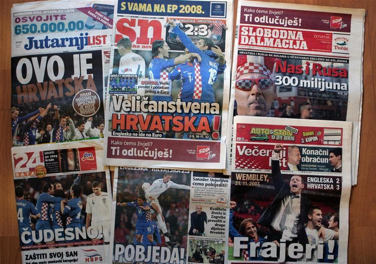 Forsiderne på førende dagblade i Zagreb dagen efter Kroatien havde slået England 3-2 i en EM-kvalifikationskamp på Wembley i London. Nu mødes de to nationer igen i kvalifikationen til fodbold VM 2010 i Sydafrika. 