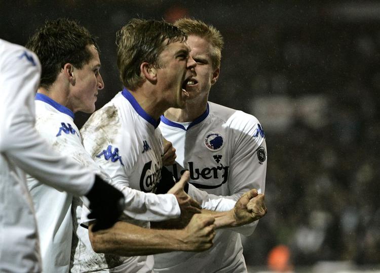 FCK'erne jubler efter Marcus Allbäcks scoring til 1-1 mod Brøndby søndag. 