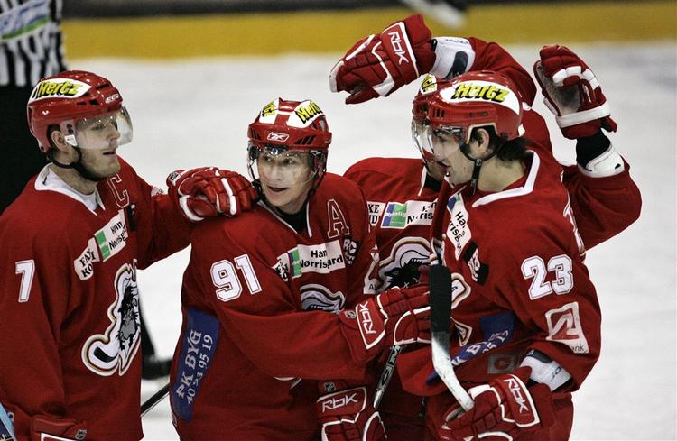 Rødovres Juha Riihijärvi(91) og Christian Larrivée(23), der stod for målene i Rødovres 2-1-sejr over Herning. 