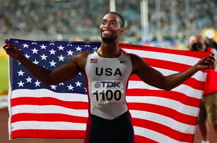 Tyson Gay fanget af fotografen efter sin sejr på 100 meter i mandags. 