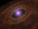 Den nyopdagede gigantplanet svæver rundt om moder-stjernens indre hul i støv og tågelaget. Planeten kan anes til højre for stjerne på dette manipulerede billede. Foto: Max Planck Instituttet for Astronomi 