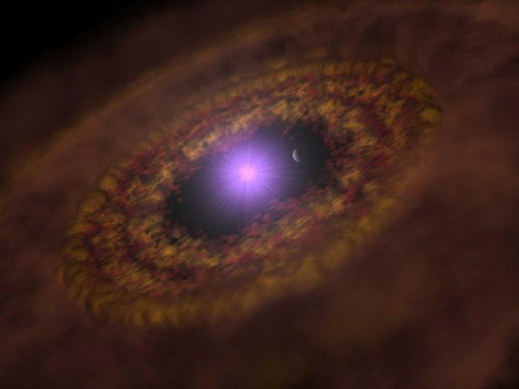 Den nyopdagede gigantplanet svæver rundt om moder-stjernens indre hul i støv og tågelaget. Planeten kan anes til højre for stjerne på dette manipulerede billede. Foto: Max Planck Instituttet for Astronomi 