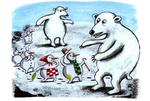 GODDAG. De overlevende snemennesker hilser på fjerne slægtninge i den ordløse bog 'Snemanden'.  Illustration: Anne Pedersen 