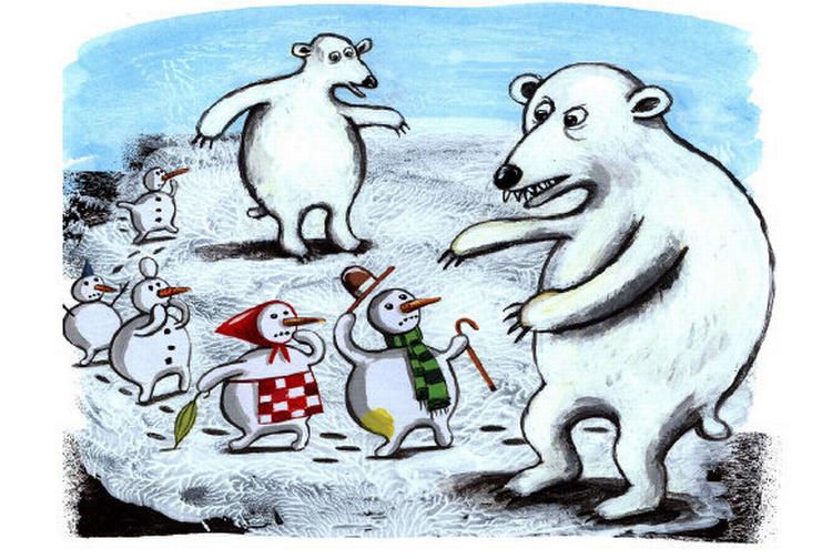 GODDAG. De overlevende snemennesker hilser på fjerne slægtninge i den ordløse bog 'Snemanden'.  Illustration: Anne Pedersen 
