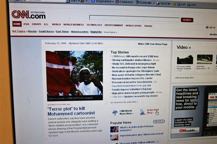 Foto af CNN's hjemmeside, hvor historien om den danske tegner ligger som tophistorie. 