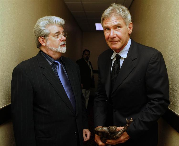 Har du nappet min pisk,George? Harrison Ford her i selskab med George Lucas (tv). 