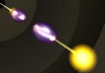 Foruden at standse lyset kan Lene Vestergaard Hau og hendes forskerhold nu også flytte lyset. Eksperimentet starter med to ultrakolde atomskyer - to af de såkaldte Bose-Einstein kondensater. En lyspuls sendes ind i det første kondensat (den lilla prik til venstre), hvor lyset stoppes og slukkes. Og vupti, lyspulsen genskabes så fra det andet kondensat og sendes af sted der fra.  Illustration: Sean Garner, L. Hau/HavardLyspunkt. 