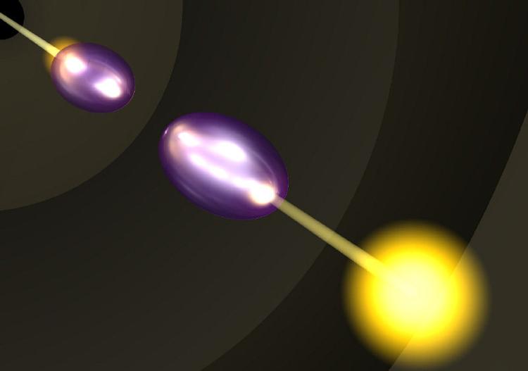 Foruden at standse lyset kan Lene Vestergaard Hau og hendes forskerhold nu også flytte lyset. Eksperimentet starter med to ultrakolde atomskyer - to af de såkaldte Bose-Einstein kondensater. En lyspuls sendes ind i det første kondensat (den lilla prik til venstre), hvor lyset stoppes og slukkes. Og vupti, lyspulsen genskabes så fra det andet kondensat og sendes af sted der fra.  Illustration: Sean Garner, L. Hau/HavardLyspunkt. 