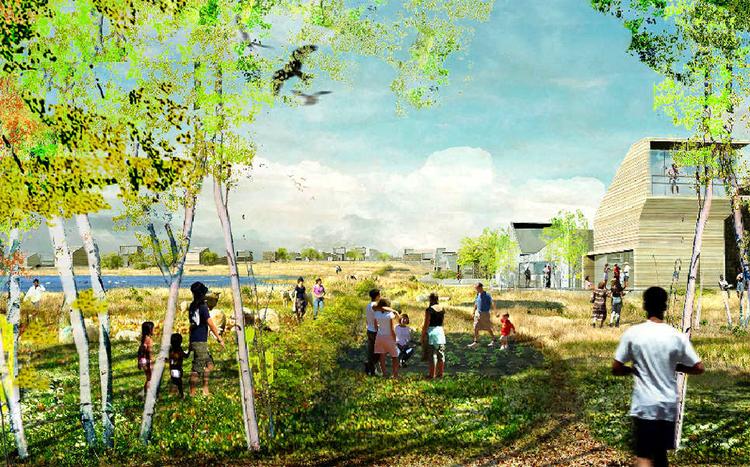 Tanken bag det nye byområde er ikke mindst, at landskabets kvaliteter også skal være tilgængelige for beboerne, selv om de bor i en by. Skellet mellem land og by udviskes. Illustration: Nord Arkitekter 