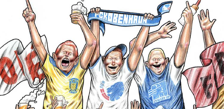 Tre fans anbefaler deres egen klub. Tegning: Jakob Tolstrup. 