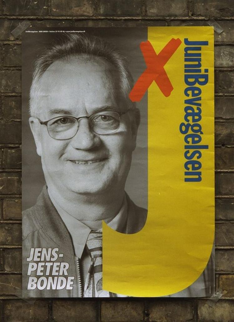 Valgplakat fra 1999, hvor Jens Peter Bonde også blev valgt til EU-parlamentet for Junibevægelsen. 
