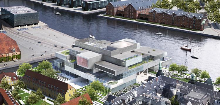 Bryghusprojektet set fra luften. Rendering af Rem Koolhaas og OMA - som de forestiller sig bygningen og omgivelserne ser ud i år 2013. 