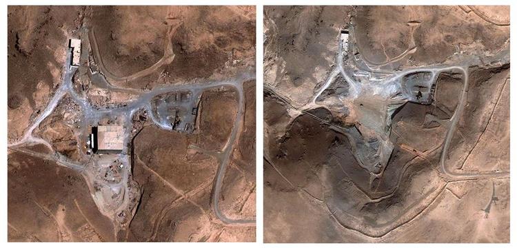 Satellitbilleder fra DigitalGlobe viser det bombede syriske anlæg før og efter angrebet. Billedet til venstre er fra 5. august 2007, mens det andet er fra 24. oktober 2007. 