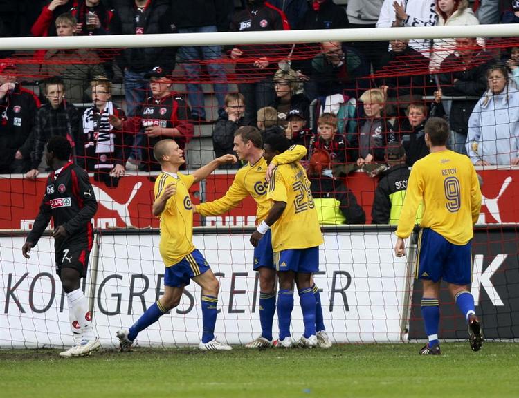 Kasper Lorentzen fejrede sit comeback efter en lang skadepause med at bringe Brøndby i front i udekampen mod FC Midtjylland. Foto: Claus Bonnerup/Polfoto 