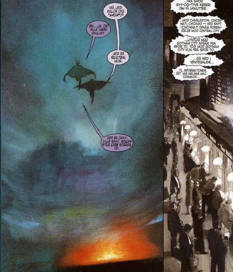 Univers. Grøn og lilla kæmper imod et omsiggribende mørke. Den kvindelige superhelt Black Orchid er død, men ikke borte. Tegning: Dave McKean 