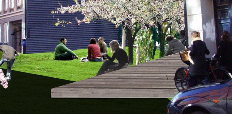 Midt på Ravnsborggade kan der i løbet af få år være etableret en minipark.Illustration: Københavns Kommune 