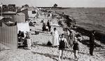 Strandliv. Kjeld Hansen fremhæver, at især landvindingen efter 1940 har været brutal og ødelæggende for Danmarks natur, mens mange af de ældre landvindinger gav plads til både agerland, ny natur og nye rekreative muligheder for befolkningen. Her udfolder strandlivet sig livligt ved Østersøen på ydersiden af Lollands 62 kilometer lange syddige fra 1878. Foto: Fra bogen/Markersen &amp; Søn 