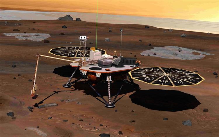Phenix-sonden i færd med at grave. Modelfoto fra Nasa. 