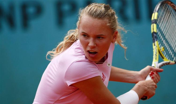 Caroline Wozniacki træner før lørdagens kamp. 