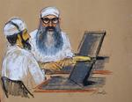 Khalid Sheikh Mohammed er manden i midten med briller, tegnet af Janet Hamlin. 