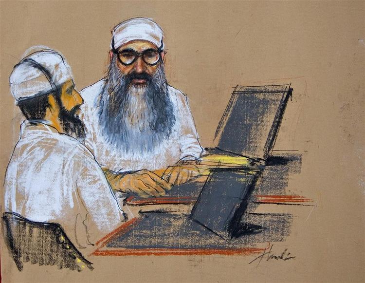 Khalid Sheikh Mohammed er manden i midten med briller, tegnet af Janet Hamlin. 