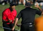 Tiger Woods jubler sammen med sin caddie Steve Williams efter det afgørende 18. hul. 