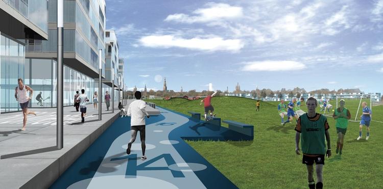 Illustration af 'aktivitetsbåndet' rundt om Kløvermarken i det kommende byggeri fra Arkitektfirmaet Vandkunsten. 
